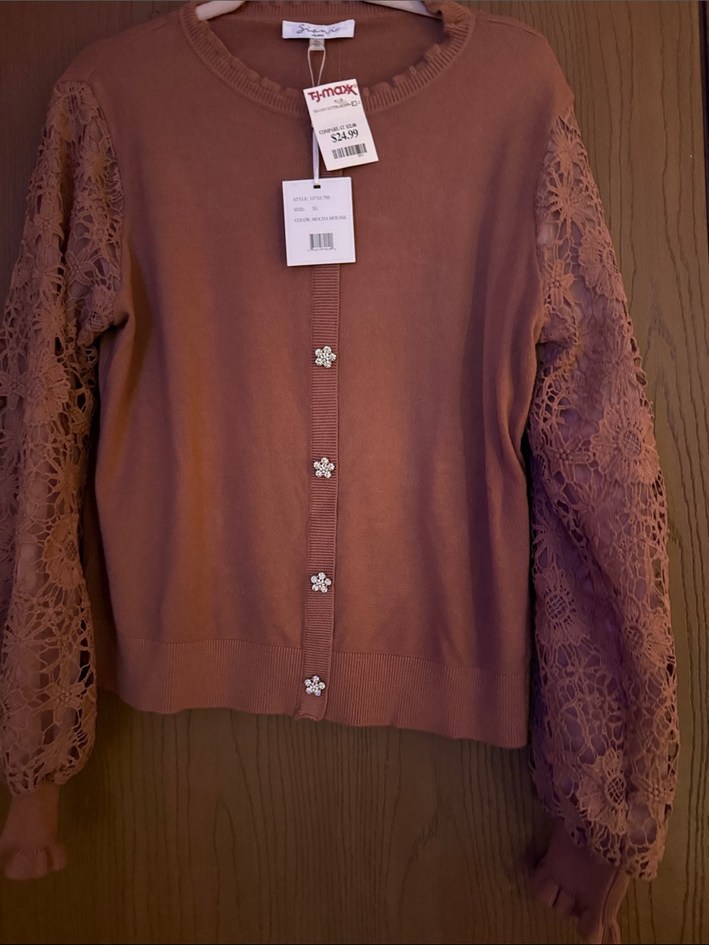 Sioni Lace Sleeve Button-Front Women's Sweater - Mocha Mousse